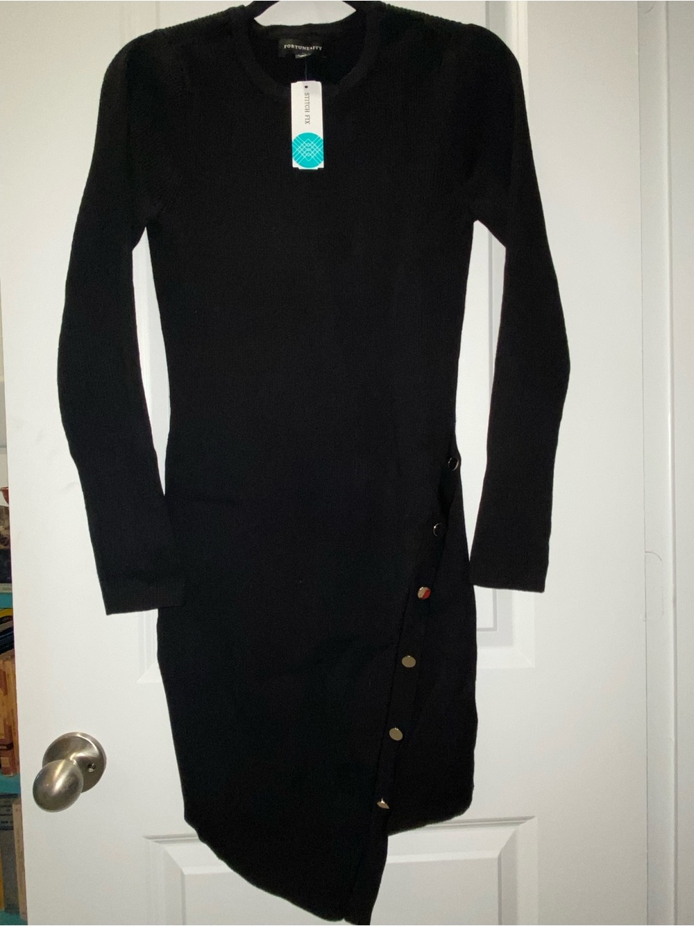 Asymmetrical Black Ribbed Long-Sleeve Dress with Side Button Detail